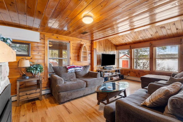 living room featuring light wood-style floors, wood ceiling, visible vents, and a baseboard heating unit