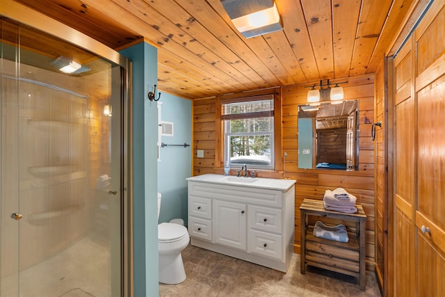 full bathroom featuring wooden walls, visible vents, toilet, wooden ceiling, and a shower stall