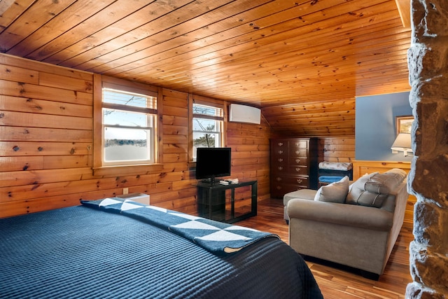 bedroom with lofted ceiling, wooden ceiling, wood walls, and wood finished floors