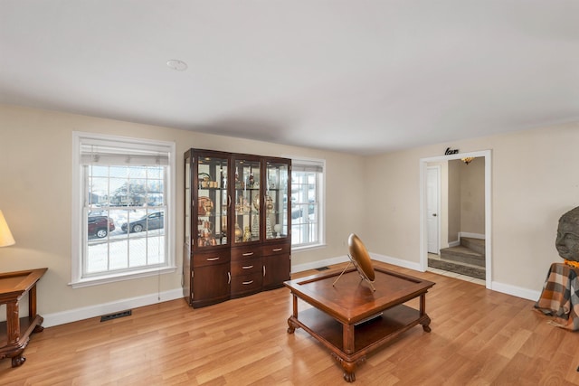 living area with light hardwood / wood-style flooring and a wealth of natural light