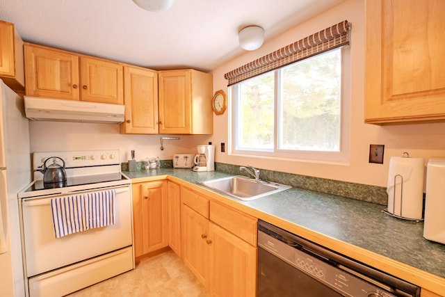 kitchen with dishwasher, white range with electric cooktop, light brown cabinetry, and sink