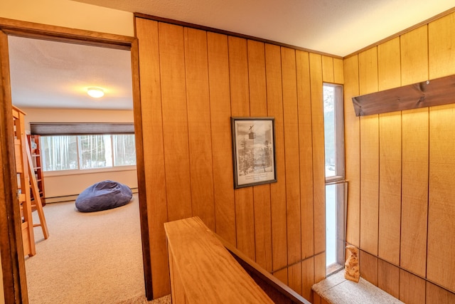 interior space with baseboard heating, carpet flooring, and wooden walls