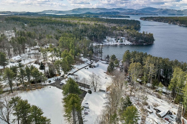 snowy aerial view with a water and mountain view