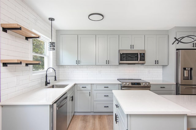 kitchen featuring sink, appliances with stainless steel finishes, tasteful backsplash, and pendant lighting