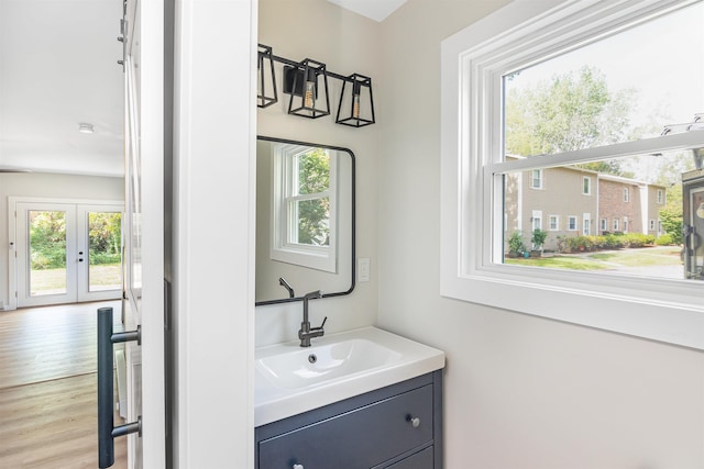 bathroom with french doors, vanity, a wealth of natural light, and wood-type flooring