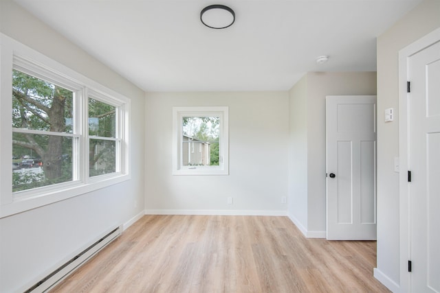 spare room featuring light hardwood / wood-style floors and a baseboard radiator