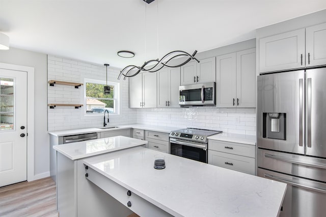 kitchen featuring stainless steel appliances, decorative light fixtures, decorative backsplash, a kitchen island, and sink