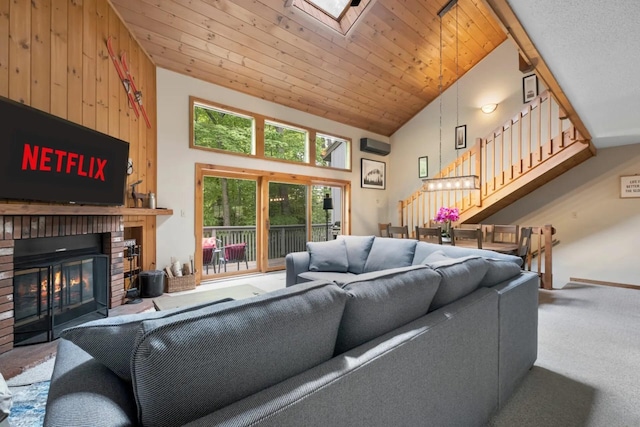 living room with high vaulted ceiling, wood ceiling, carpet, and a brick fireplace