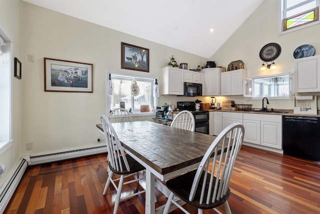 dining area featuring baseboard heating, high vaulted ceiling, sink, and dark wood-type flooring