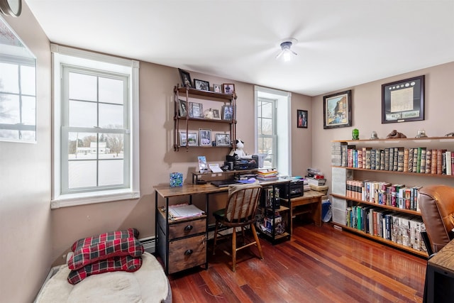 office featuring dark hardwood / wood-style floors and a baseboard heating unit