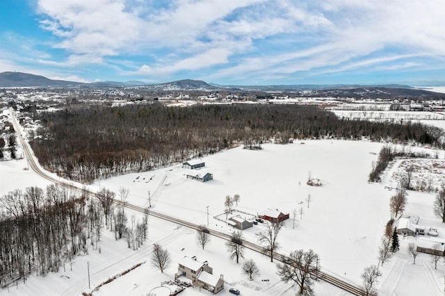 snowy aerial view featuring a mountain view