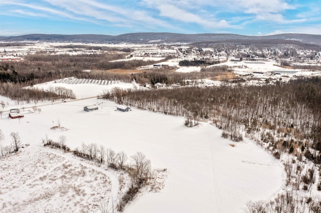 snowy aerial view featuring a mountain view