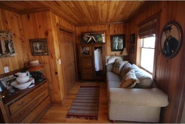 living room featuring light wood finished floors, wood walls, and wood ceiling