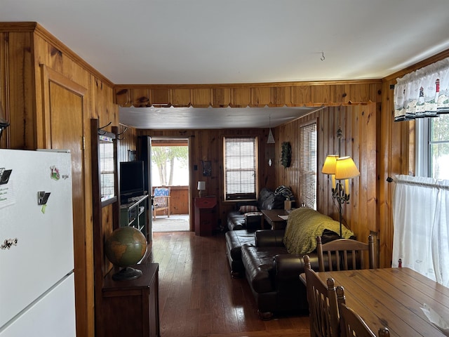 living area with hardwood / wood-style floors and wood walls