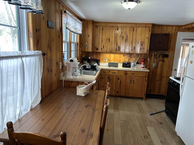 kitchen featuring wood walls, a sink, light countertops, light wood-type flooring, and brown cabinets