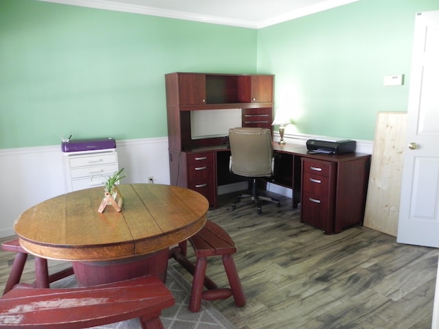 office featuring dark hardwood / wood-style floors and ornamental molding