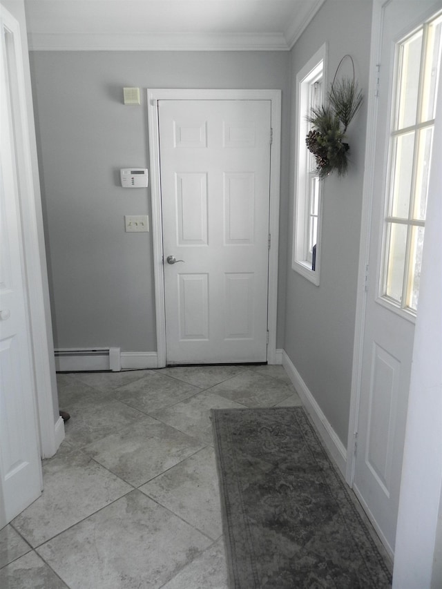 doorway featuring ornamental molding and baseboard heating