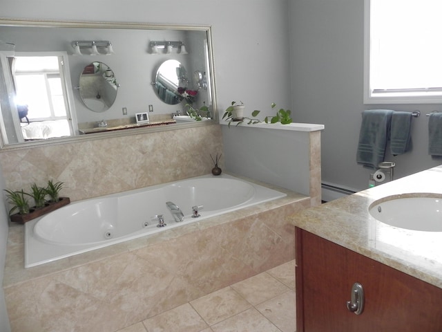 bathroom featuring tiled bath, tile patterned floors, vanity, and a baseboard radiator