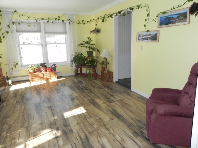 living area with dark hardwood / wood-style floors, baseboard heating, and ornamental molding