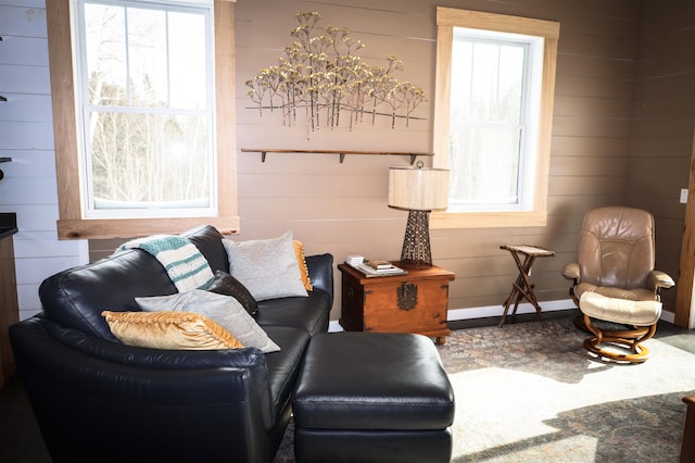 living room with wood walls