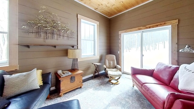 living room with wooden walls and wooden ceiling