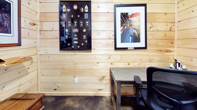 home office featuring wooden walls