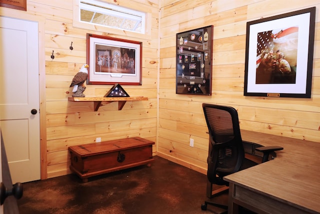 home office with wood walls