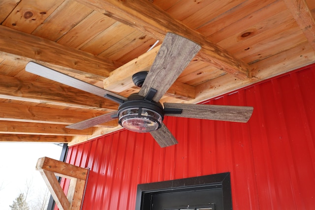 room details featuring beam ceiling, ceiling fan, and wood ceiling