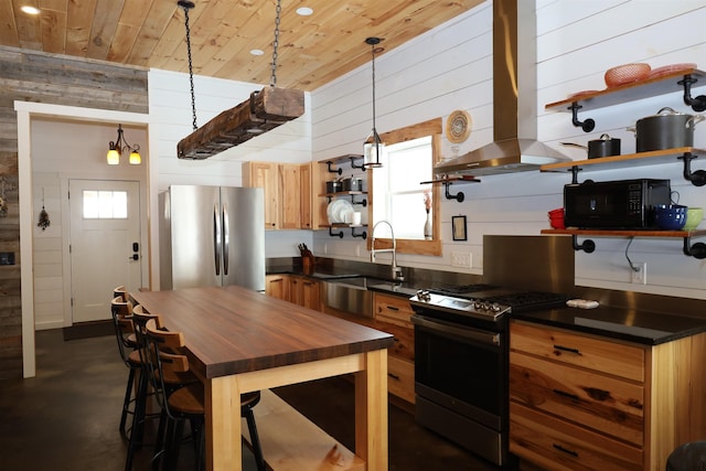 kitchen featuring appliances with stainless steel finishes, wooden walls, range hood, wood ceiling, and sink