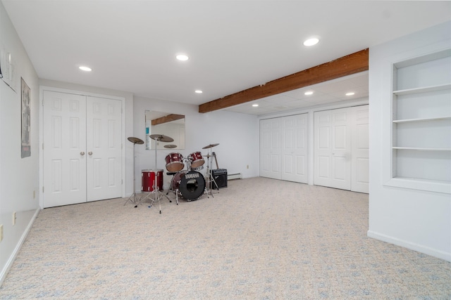 game room featuring carpet floors, recessed lighting, a baseboard heating unit, and beamed ceiling