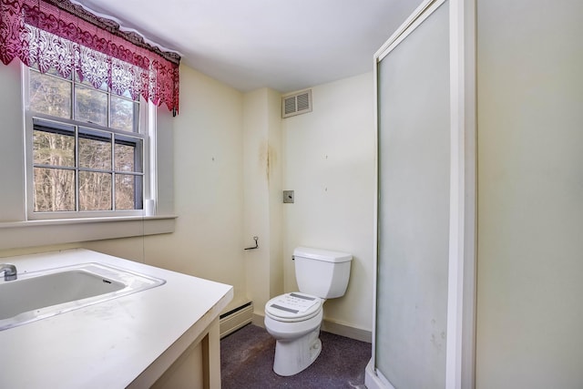 bathroom featuring vanity, toilet, and a baseboard heating unit