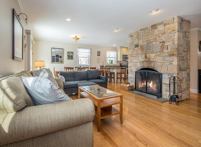 2400 Upper Cold River Rd, Shrewsbury, VT 05738 - living room with light wood-type flooring, ornamental molding, and a stone fireplace