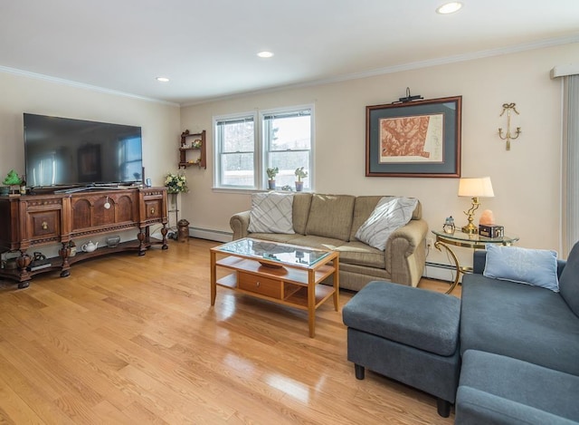2400 Upper Cold River Rd, Shrewsbury, VT 05738 - living room with baseboard heating, ornamental molding, and light hardwood / wood-style flooring