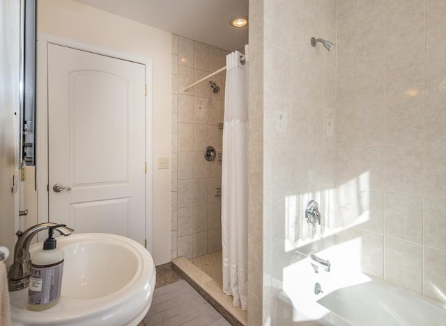 2400 Upper Cold River Rd, Shrewsbury, VT 05738 - bathroom with sink and a shower with shower curtain