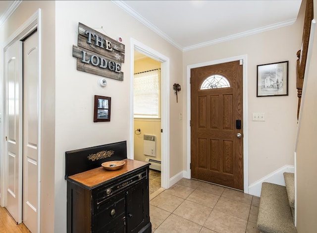 2400 Upper Cold River Rd, Shrewsbury, VT 05738 - foyer entrance featuring light tile patterned floors, crown molding, a baseboard radiator, and heating unit