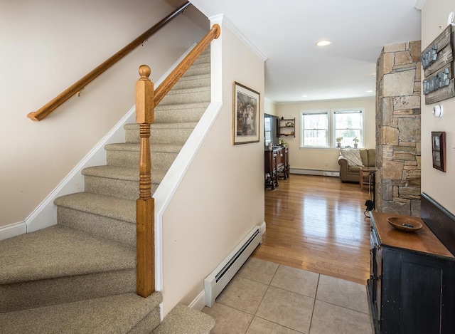 2400 Upper Cold River Rd, Shrewsbury, VT 05738 - stairway featuring tile patterned floors and a baseboard heating unit