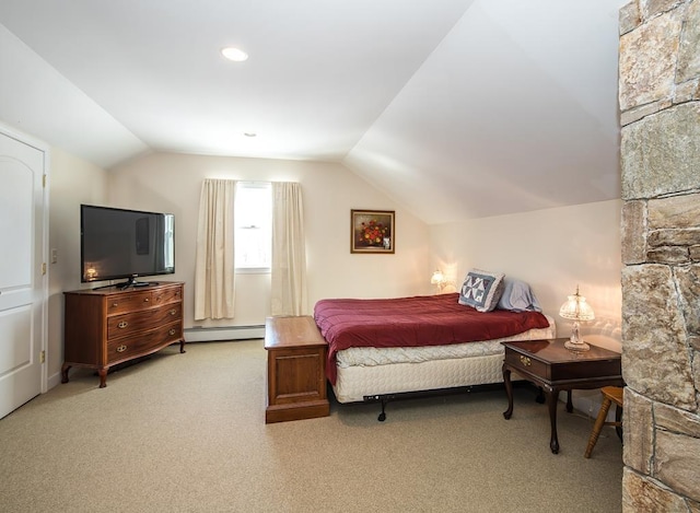 2400 Upper Cold River Rd, Shrewsbury, VT 05738 - bedroom with lofted ceiling, light colored carpet, and a baseboard radiator