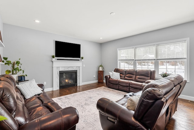 living room featuring dark wood-type flooring and a premium fireplace