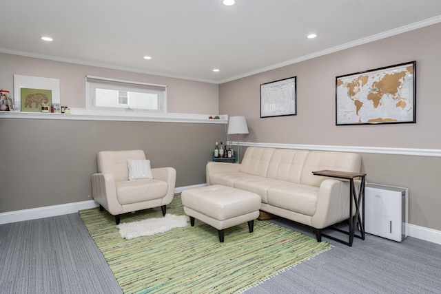 living room featuring baseboards, recessed lighting, carpet, and crown molding