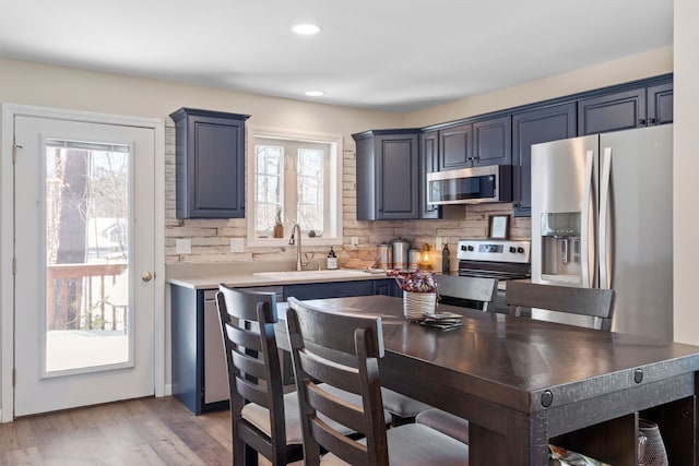 kitchen featuring sink, appliances with stainless steel finishes, tasteful backsplash, and blue cabinets