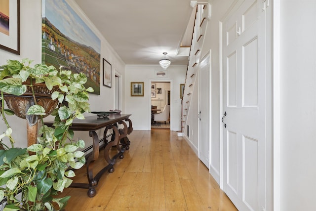 corridor with light wood-type flooring and crown molding