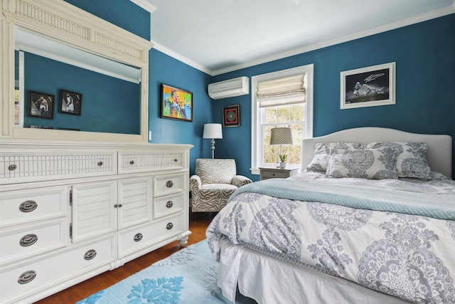 bedroom featuring a wall unit AC, ornamental molding, and dark hardwood / wood-style flooring