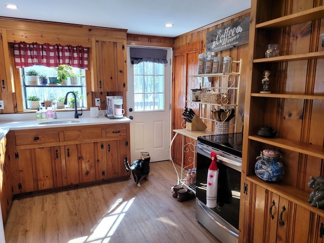 kitchen featuring sink, stainless steel range with electric stovetop, and light hardwood / wood-style floors