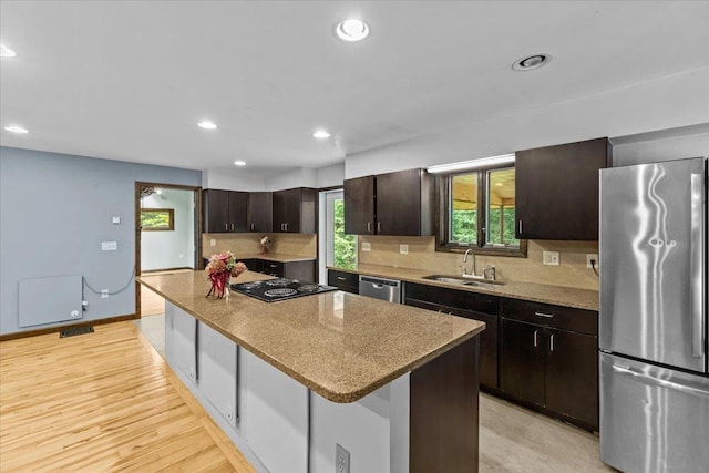 kitchen with appliances with stainless steel finishes, tasteful backsplash, dark brown cabinets, a kitchen island, and sink