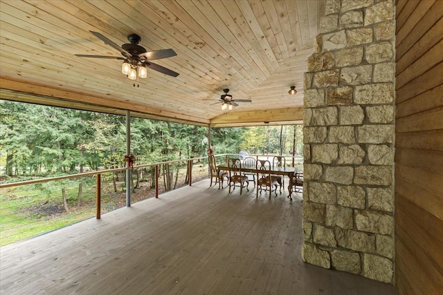 unfurnished sunroom with lofted ceiling, ceiling fan, and wood ceiling