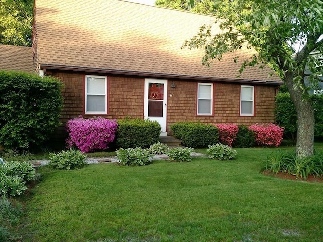 view of front of home with a shingled roof and a front lawn