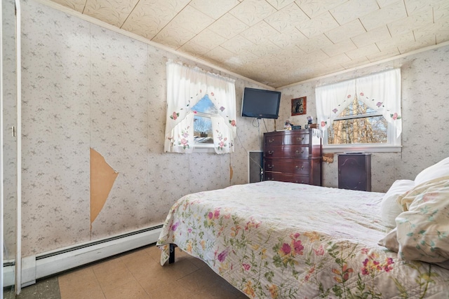 bedroom featuring crown molding, multiple windows, and a baseboard radiator