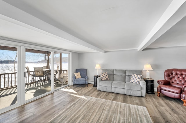 living room featuring beam ceiling, light hardwood / wood-style flooring, and a baseboard heating unit