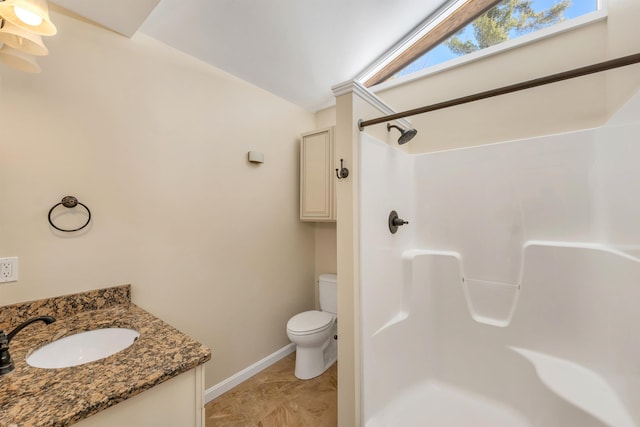 bathroom featuring a shower, vanity, and toilet