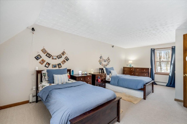 bedroom featuring vaulted ceiling, a baseboard radiator, a textured ceiling, and light colored carpet